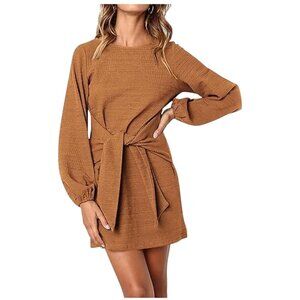 Fashion Large Womens Brown Long-Sleeve Tie-Waist Mini Sweater Knit Dress Party